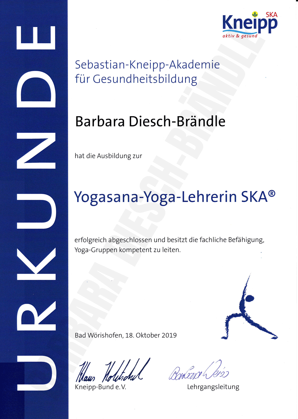 urkunde ausbildung yogalehrerin